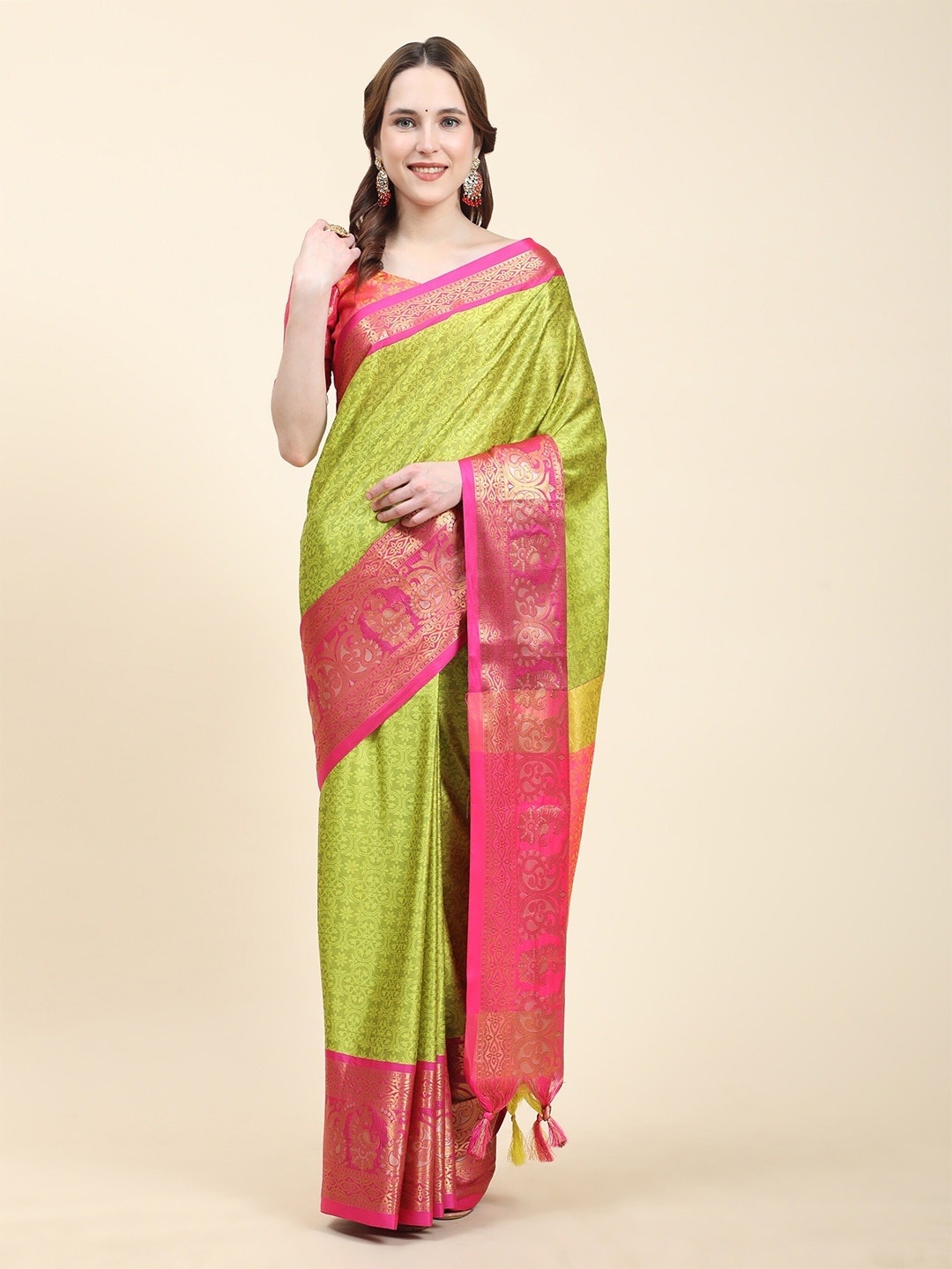 

bansari textilesEthnic Motifs Woven Design Zari Silk Cotton Paithani Saree, Green