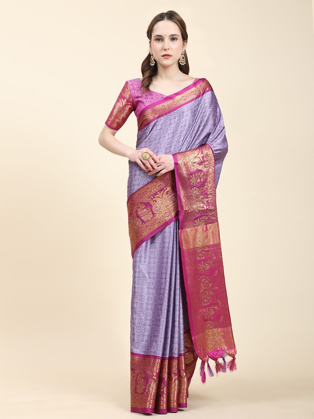 

bansari textiles Ethnic Motifs Woven Design Zari Silk Cotton Paithani Saree, Purple