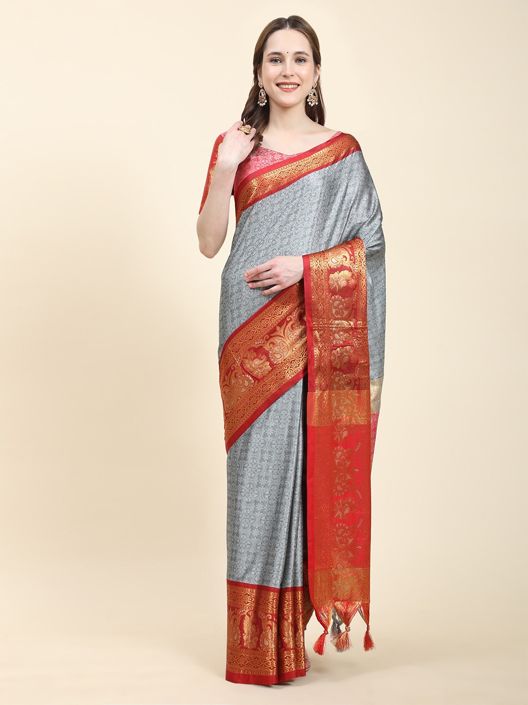 

bansari textiles Ethnic Motifs Woven Design Zari Silk Cotton Paithani Saree, Grey