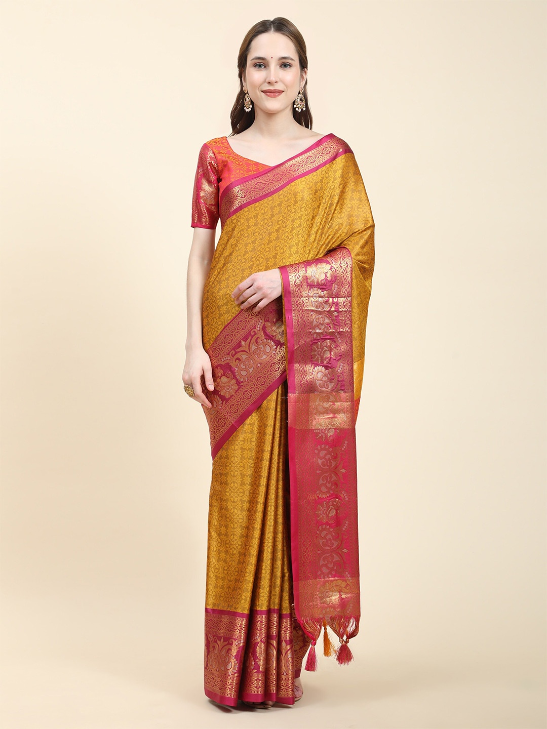 

bansari textiles Ethnic Motifs Woven Design Zari Silk Cotton Paithani Saree, Mustard