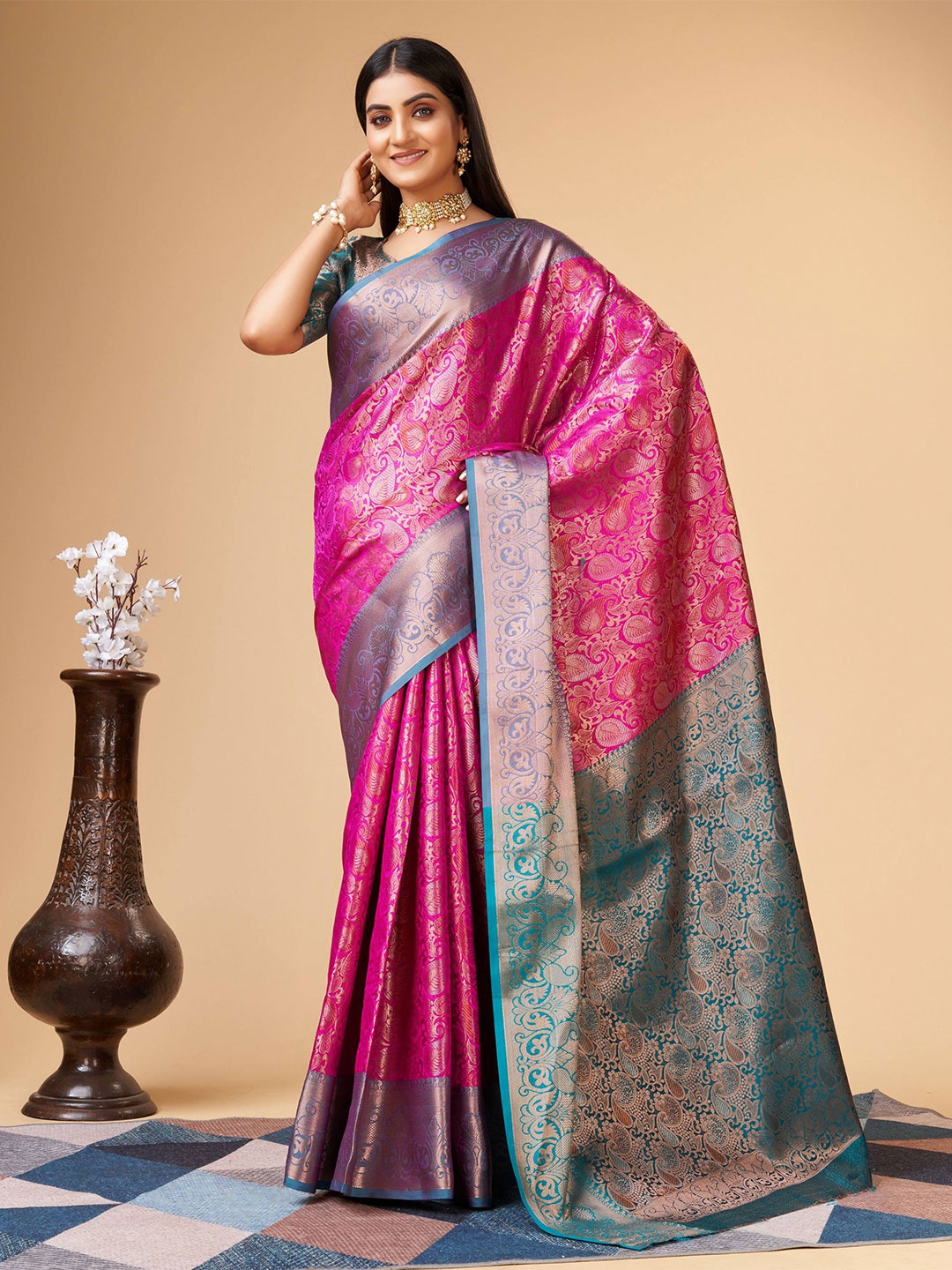 

ZILVIRA Ethnic Woven Design Zari Art Silk Saree, Pink