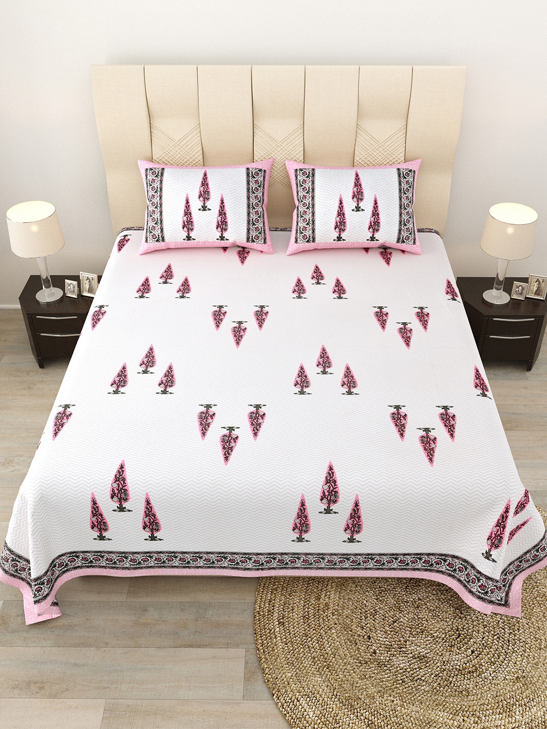 

JAIPUR FABRIC White & Pink Floral Cotton Flat Queen Bedsheet With 2 Pillow Covers