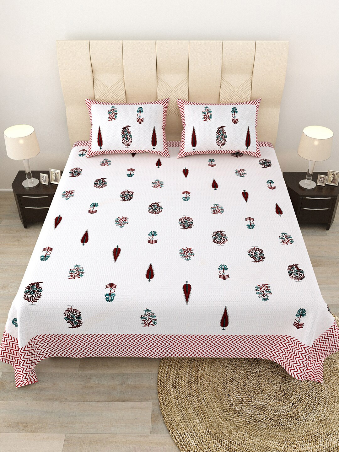 

JAIPUR FABRIC White & Pink Ethnic Motifs Cotton Flat Queen Bedsheet with 2 Pillow Covers