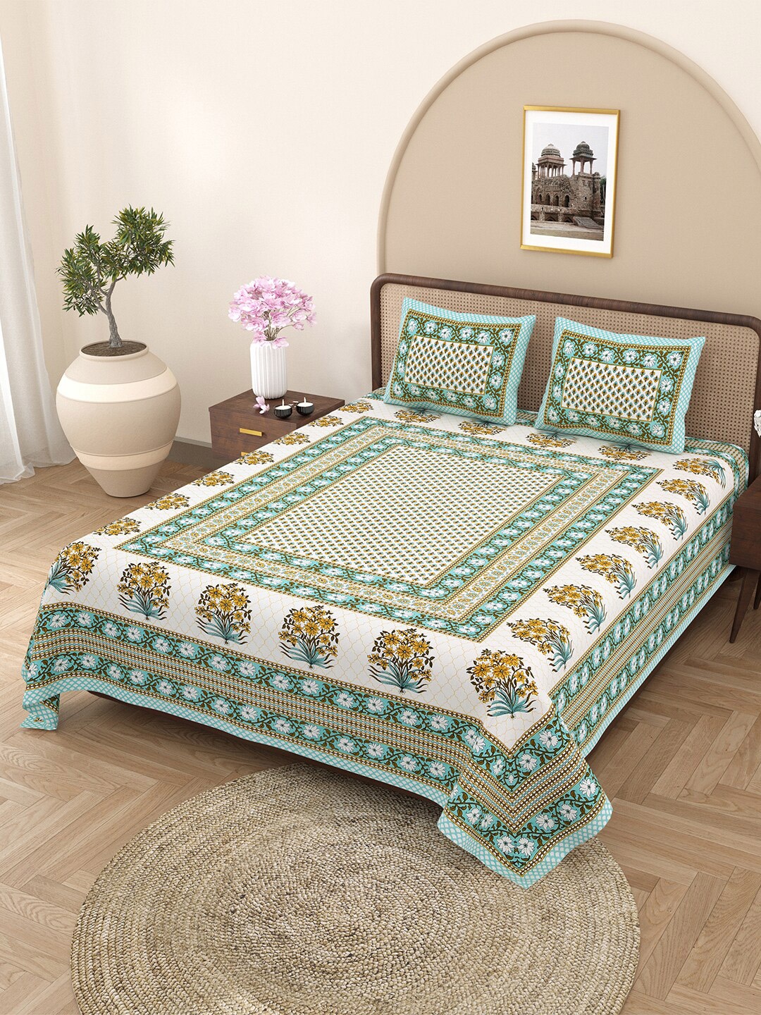 

JAIPUR FABRIC White & Green Floral Cotton Flat Queen Bedsheet with 2 Pillow Covers