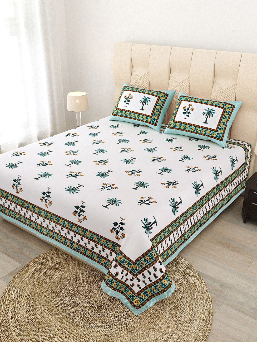 

JAIPUR FABRIC Green & White Floral Cotton Flat Queen Bedsheet with 2 Pillow Covers