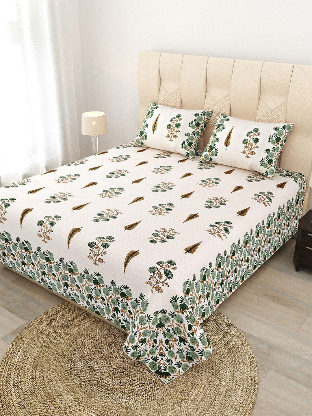 

JAIPUR FABRIC Green & White Floral 180 TC Queen Bedsheet with 2 Pillow Covers