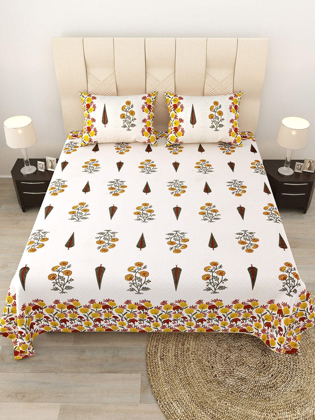 

JAIPUR FABRIC Brown & White Floral 180 TC Cotton Queen Bedsheet with 2 Pillow Covers