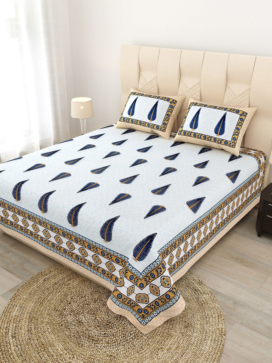 

JAIPUR FABRIC Blue & White Floral 180 TC Cotton Queen Bedsheet with 2 Pillow Covers