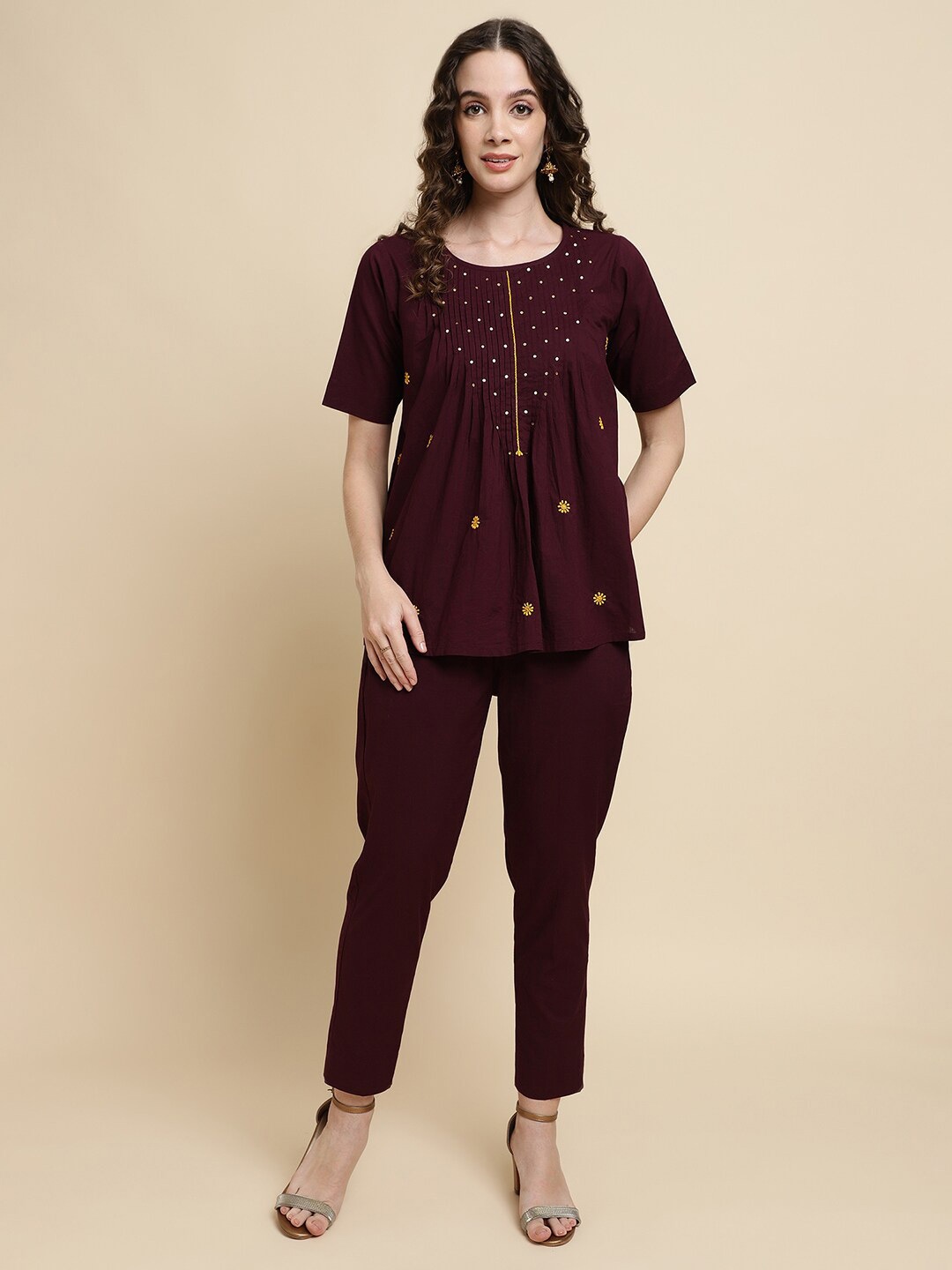 

Sringam Chikankari Embroidered Sequinned Pure Cotton Top With Trouser, Maroon
