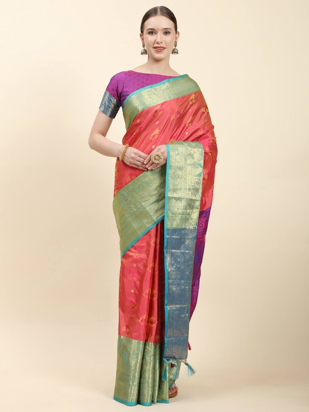 

ZILVIRA Ethnic Woven Design Zari Pure Silk Saree, Red
