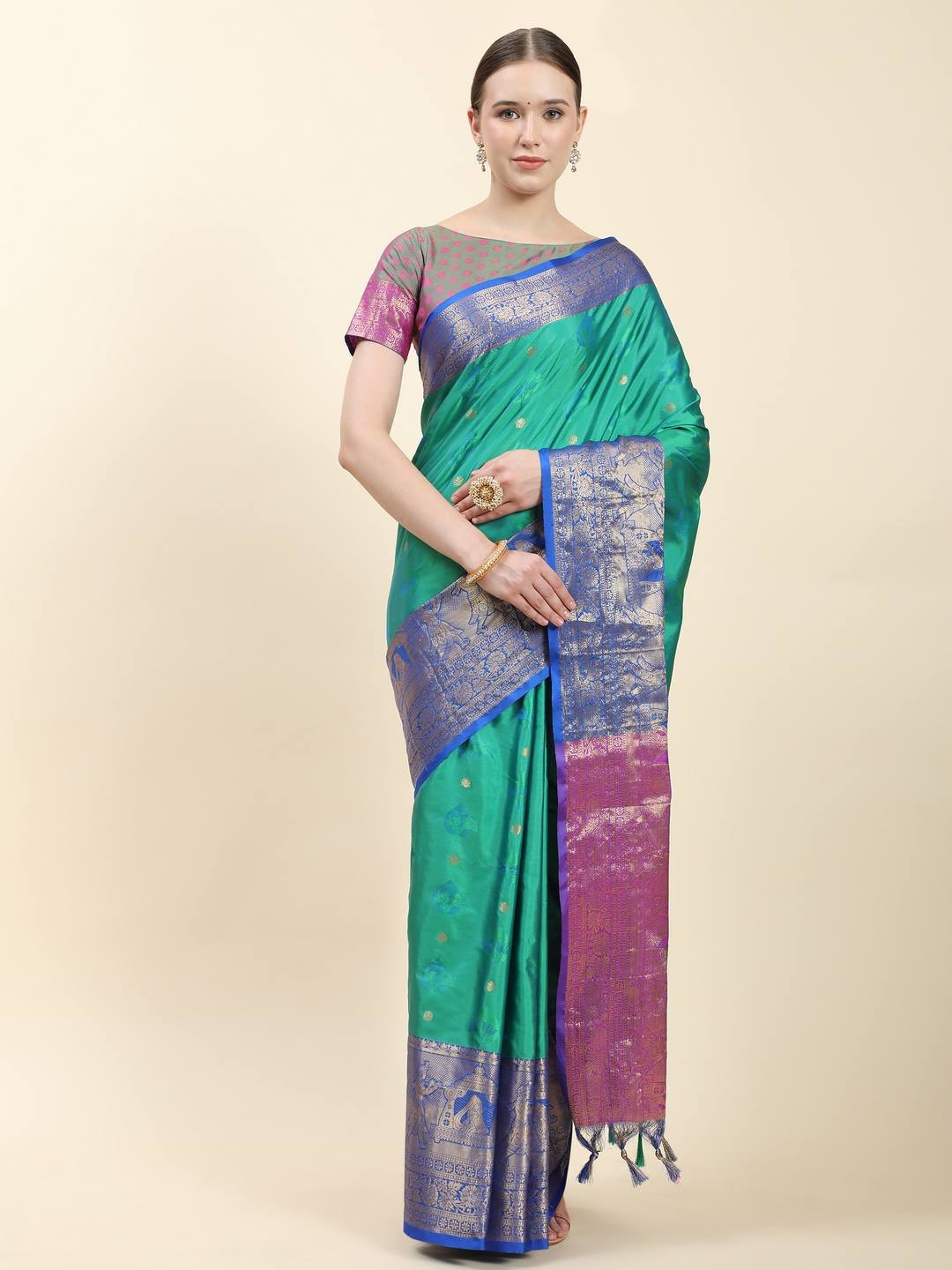 

ZILVIRA Ethnic Motifs Woven Design Zari Pure Silk Saree, Blue