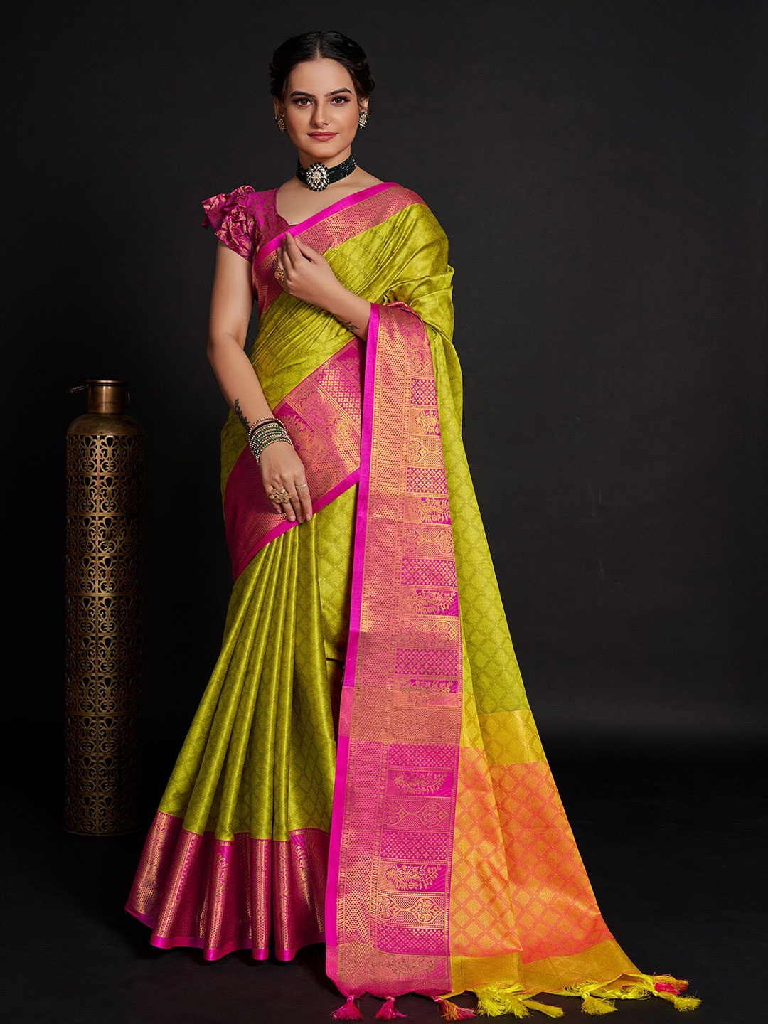 

Aldwych Ethnic Motifs Woven Design Zari Banarasi Designer Saree, Yellow