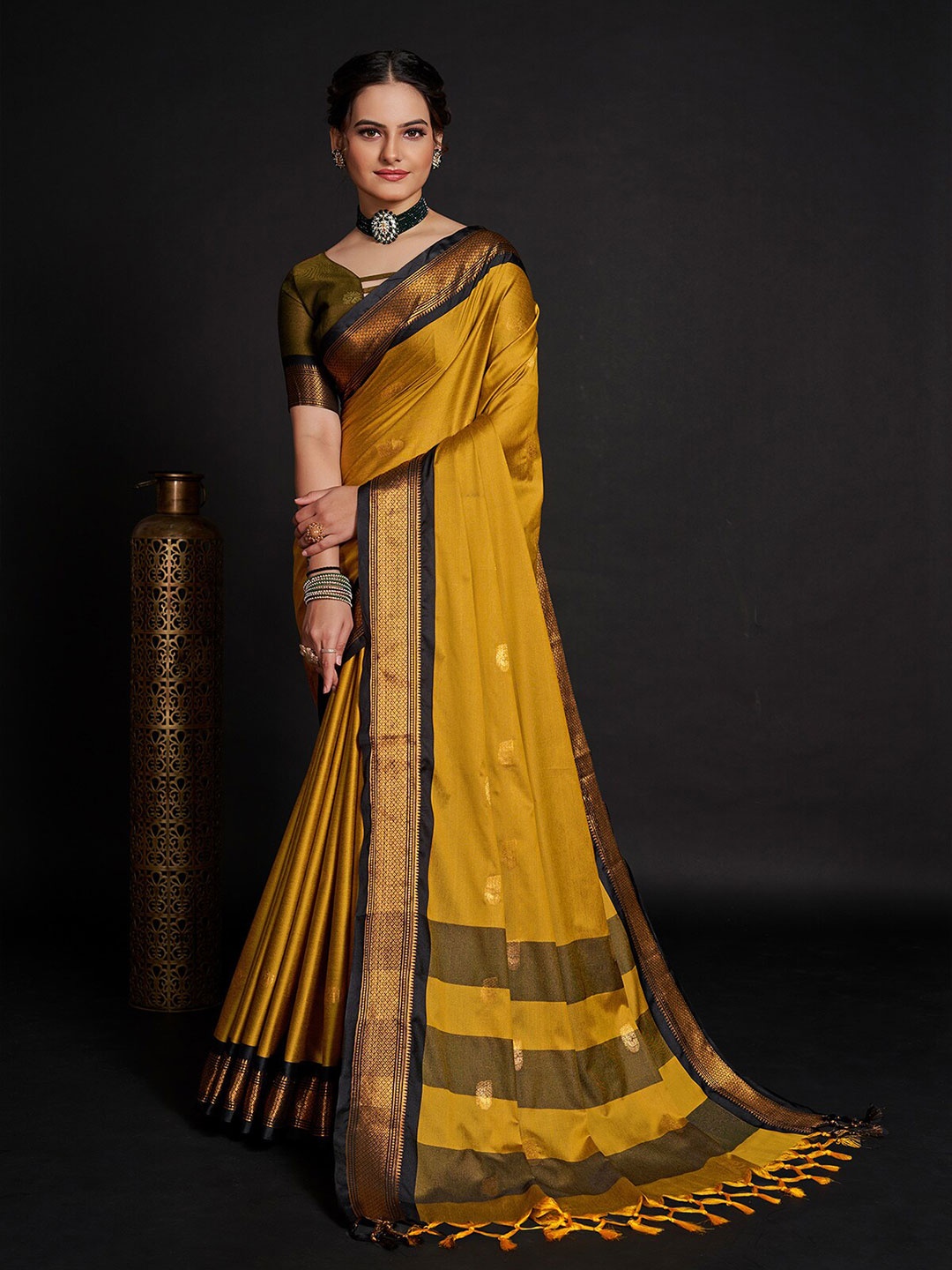 

Aldwych Ethnic Motifs Woven Design Zari Banarasi Designer Saree, Yellow