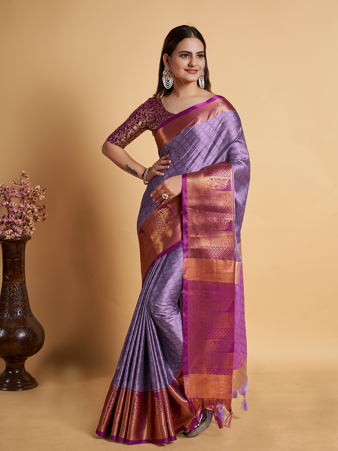 

Aldwych Ethnic Motifs Woven Design Zari Banarasi Designer Saree, Purple