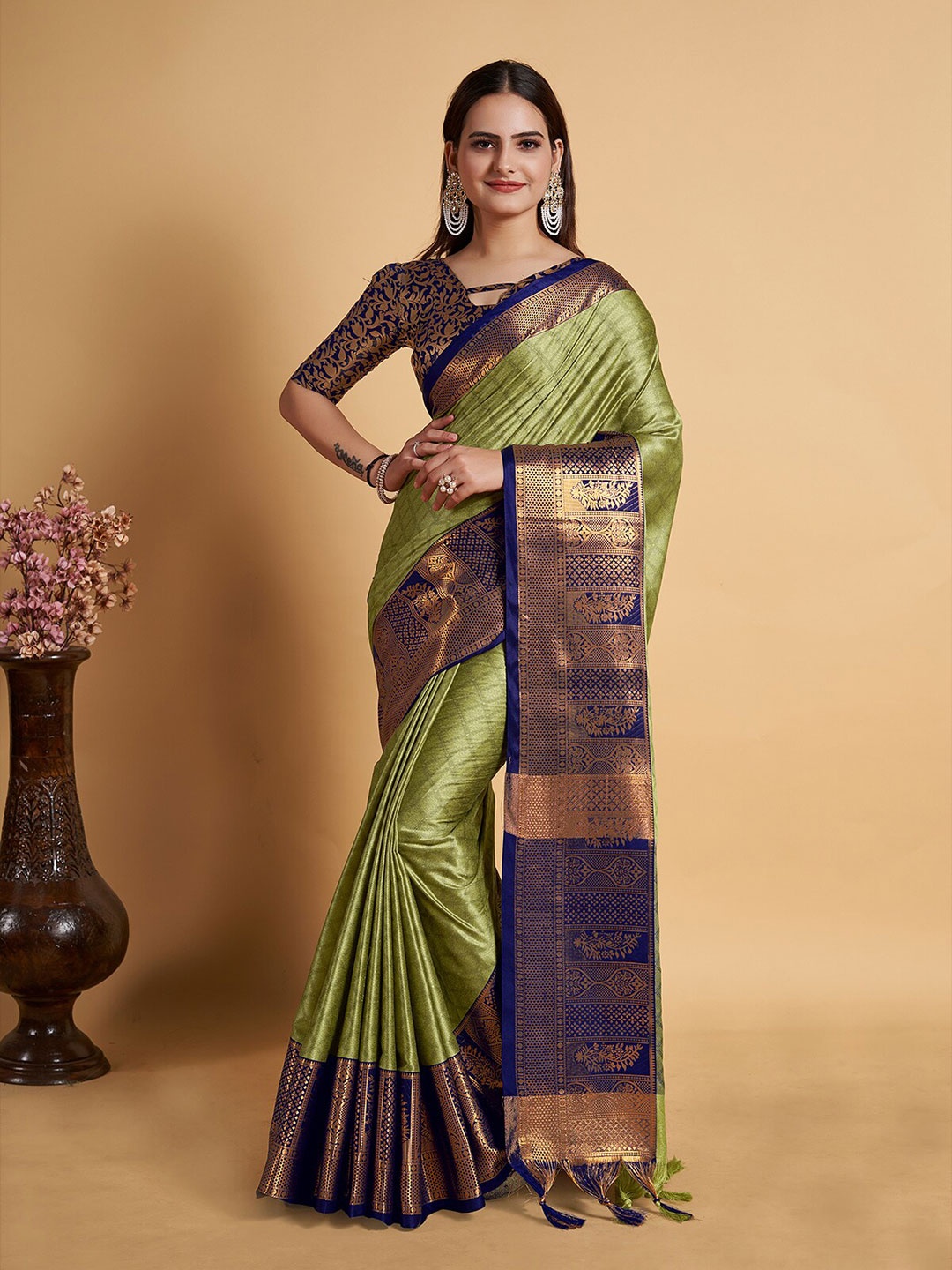 

Aldwych Ethnic Motifs Woven Design Zari Banarasi Designer Saree, Green