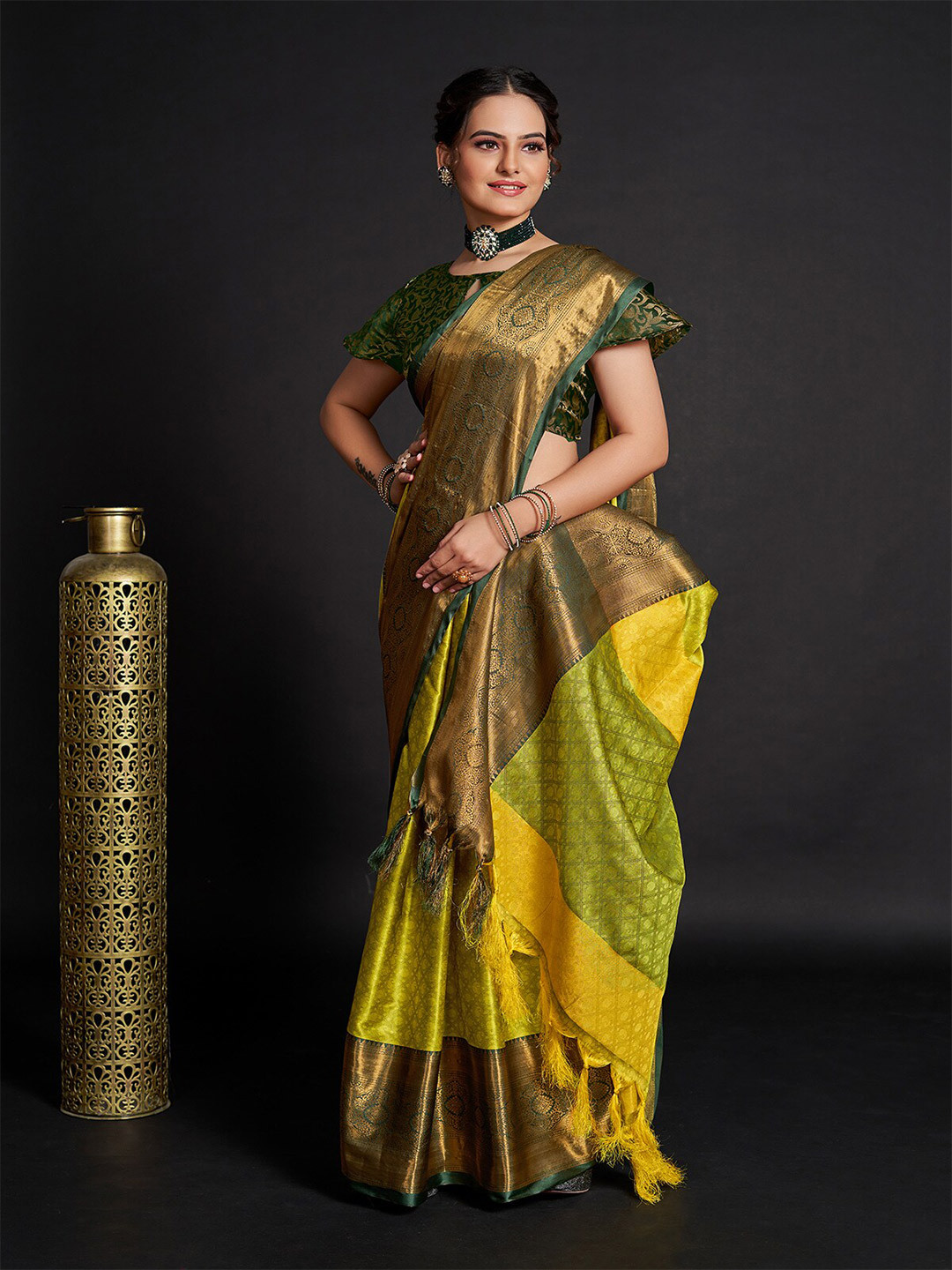 

Aldwych Ethnic Motifs Woven Design Zari Banarasi Designer Saree, Yellow