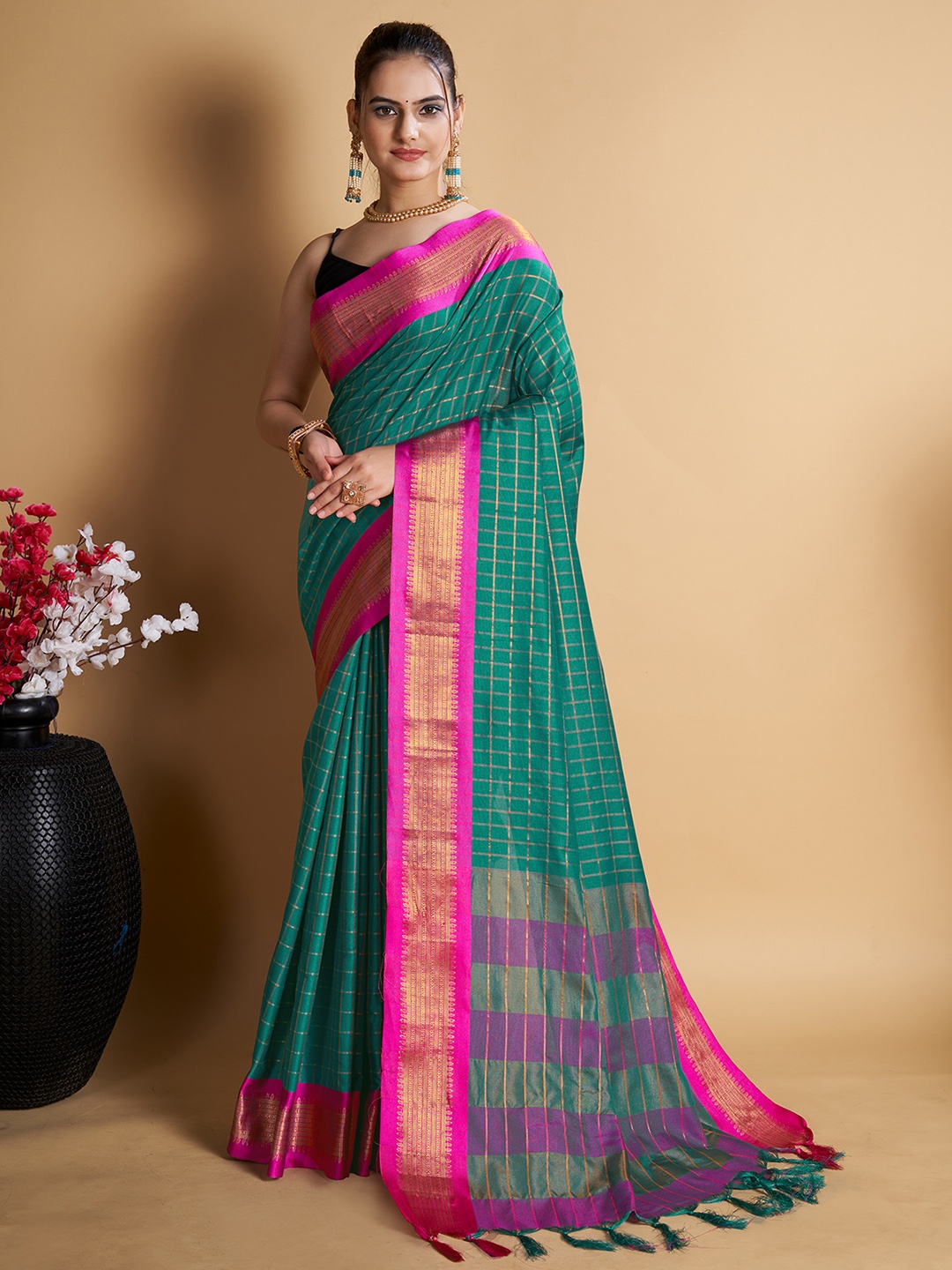 

Aldwych Striped Woven Design Zari Banarasi Designer Saree, Green