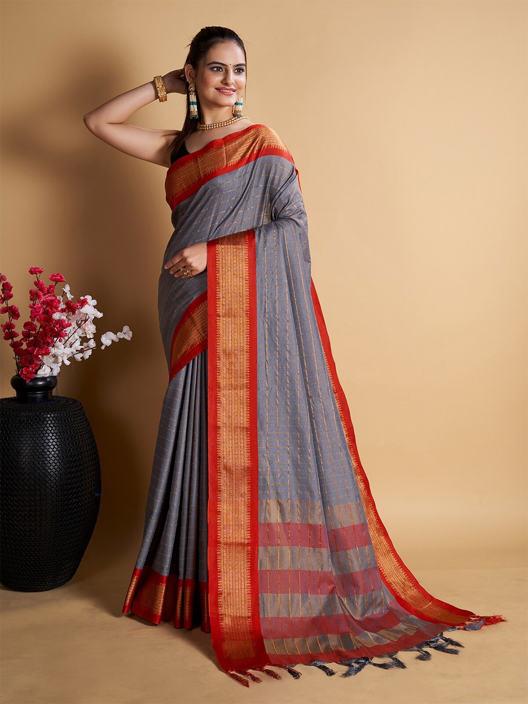 

Aldwych Striped Woven Design Zari Banarasi Designer Saree, Grey
