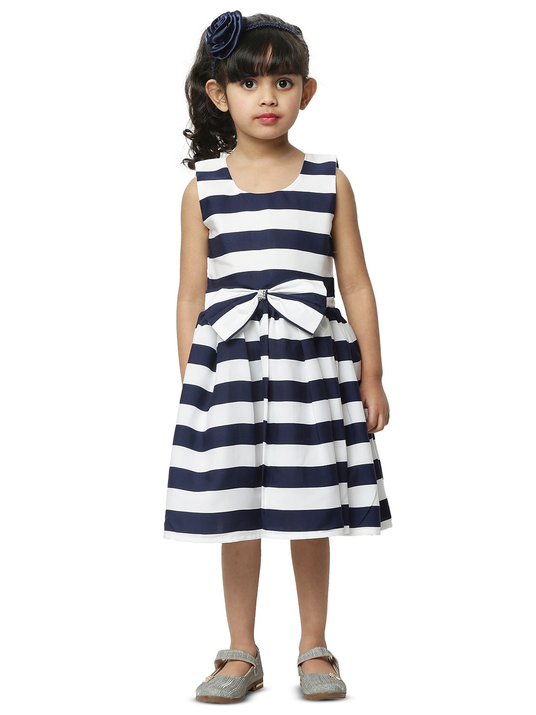 

BAESD Girls Striped Round Neck Fit & Flare Dress, White
