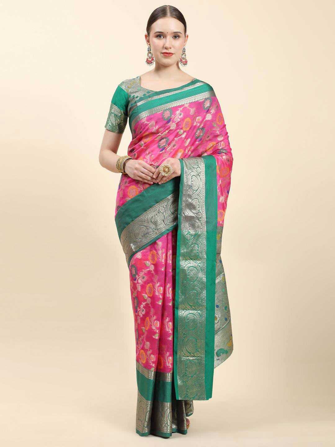 

ZILVIRA Floral Woven Design Zari Organza Saree, Pink
