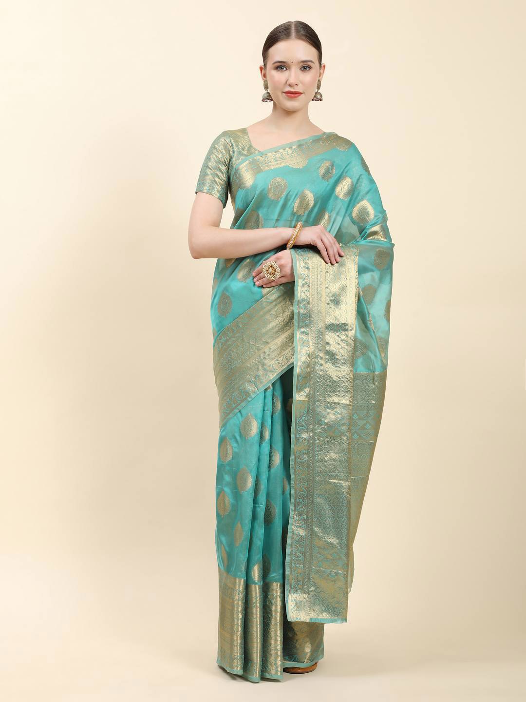 

ZILVIRA Ethnic Motifs Woven Design Zari Organza Saree, Blue