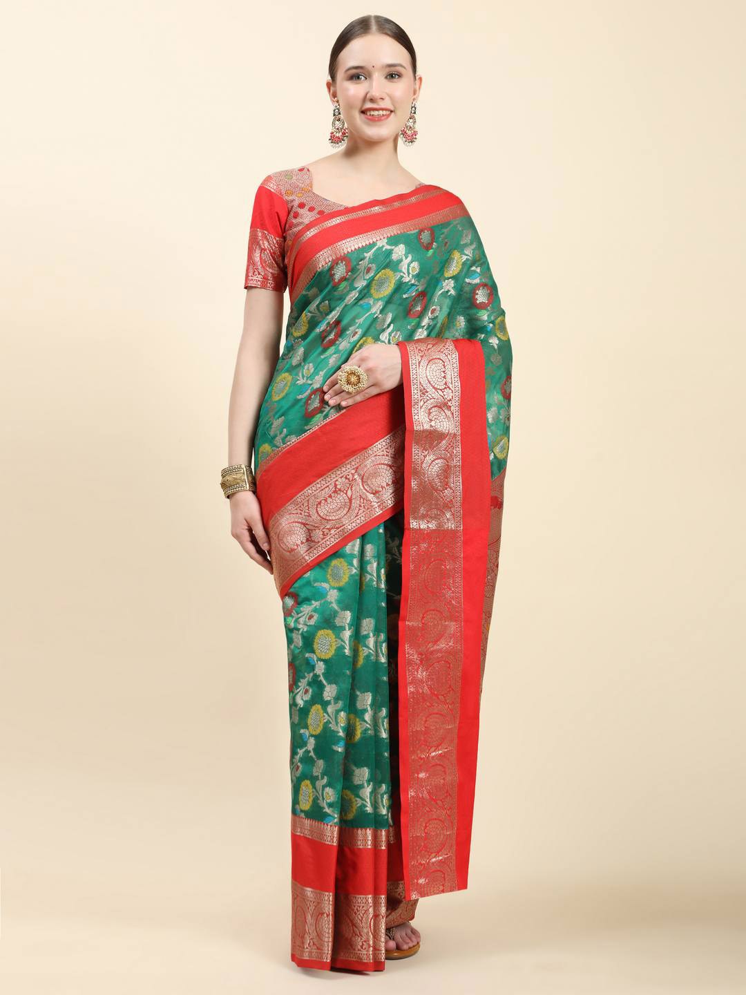 

ZILVIRA Floral Woven Design Zari Organza Saree, Green