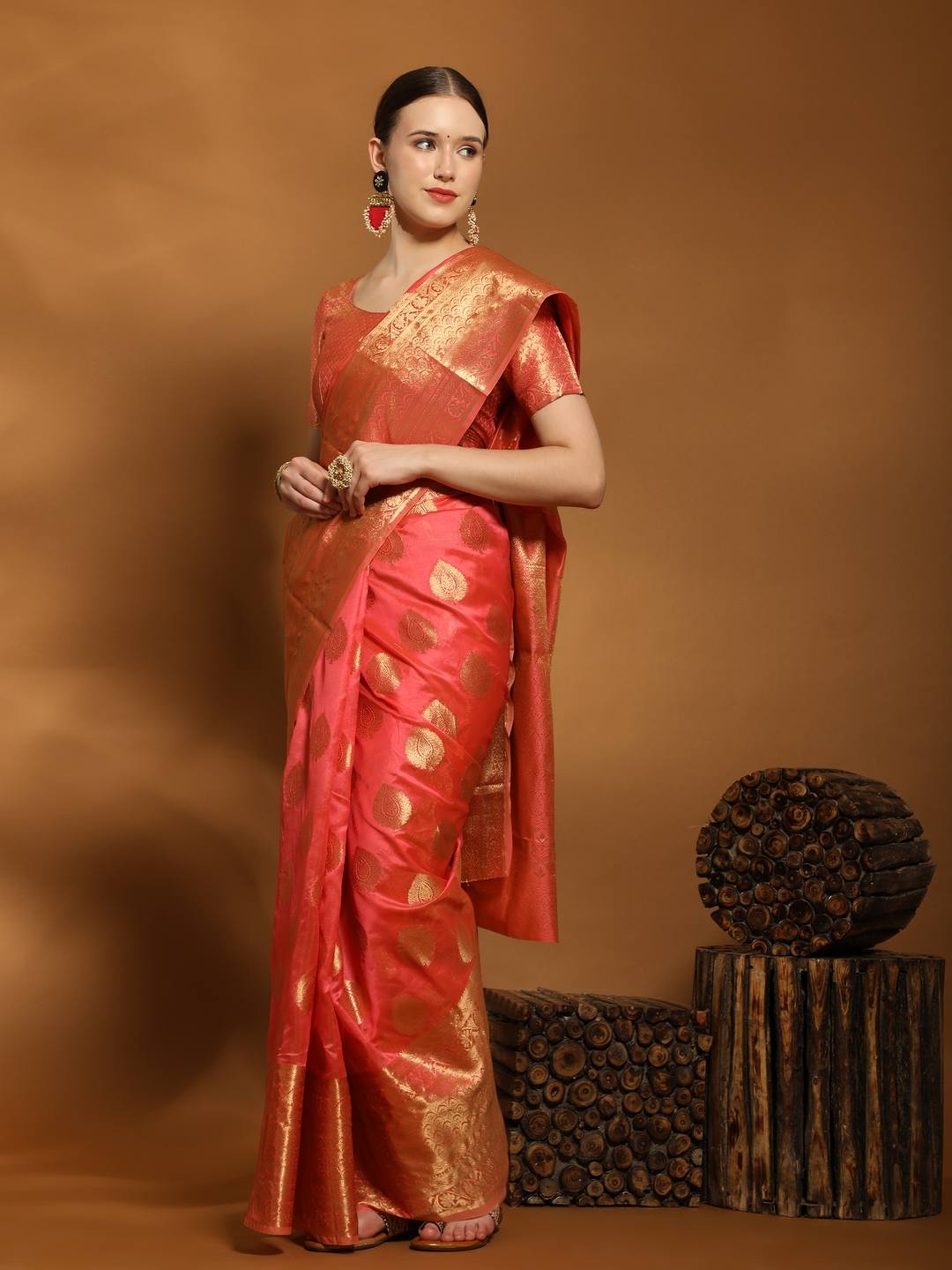 

ZILVIRA Ethnic Motifs Woven Design Zari Organza Saree, Peach