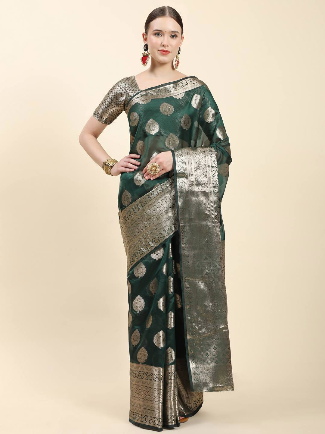 

ZILVIRA Ethnic Motifs Woven Design Zari Organza Saree, Green