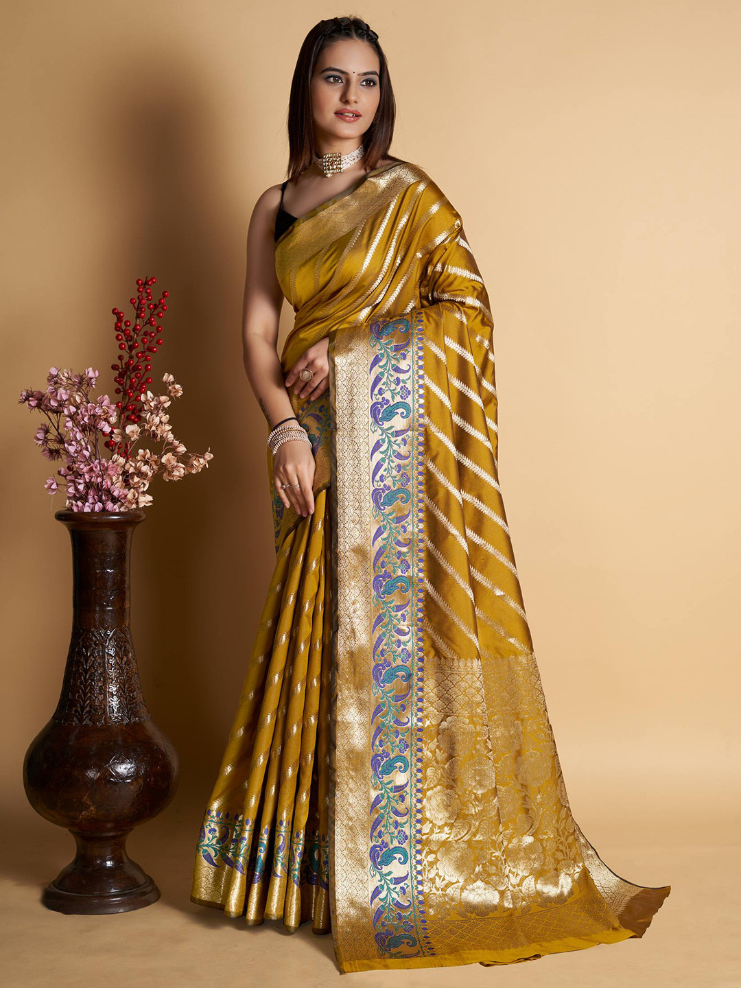 

ZILVIRA Floral Woven Design Zari Pure Silk Saree, Mustard