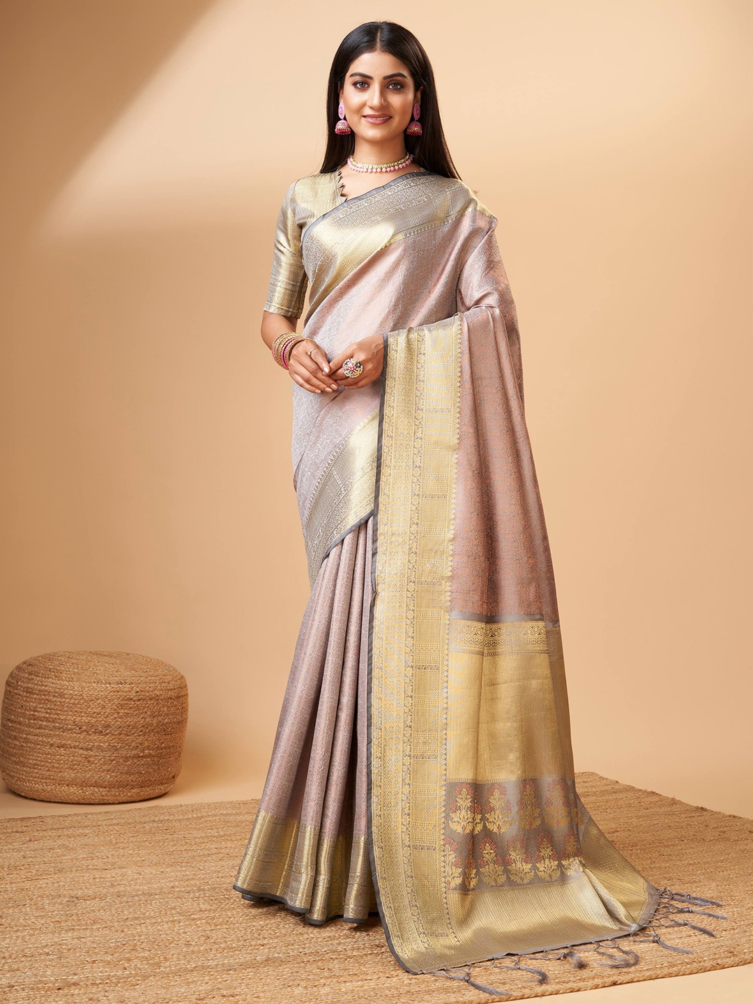 

ZILVIRA Ethnic Motifs Woven Design Zari Pure Silk Saree, Grey