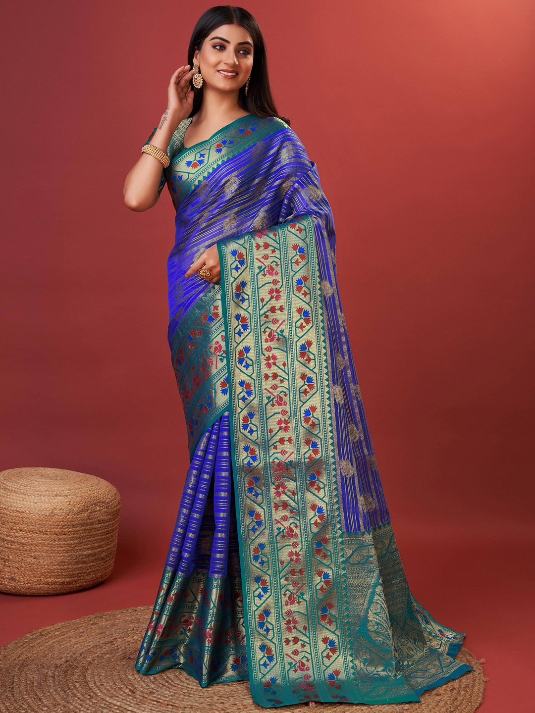 

ZILVIRA Ethnic Motifs Woven Design Zari Saree, Blue