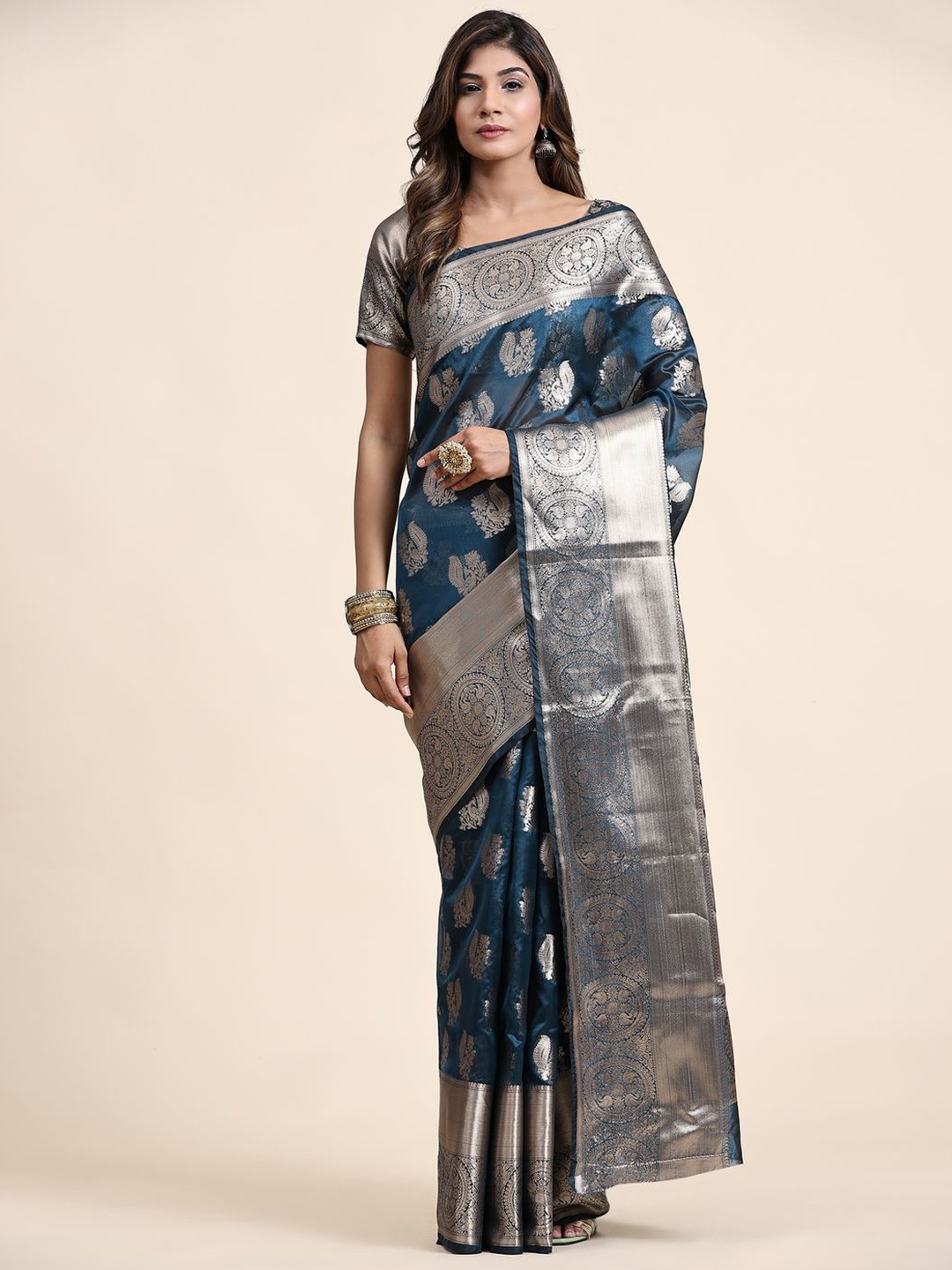 

ZILVIRA Ethnic Motifs Woven Design Zari Organza Saree, Teal