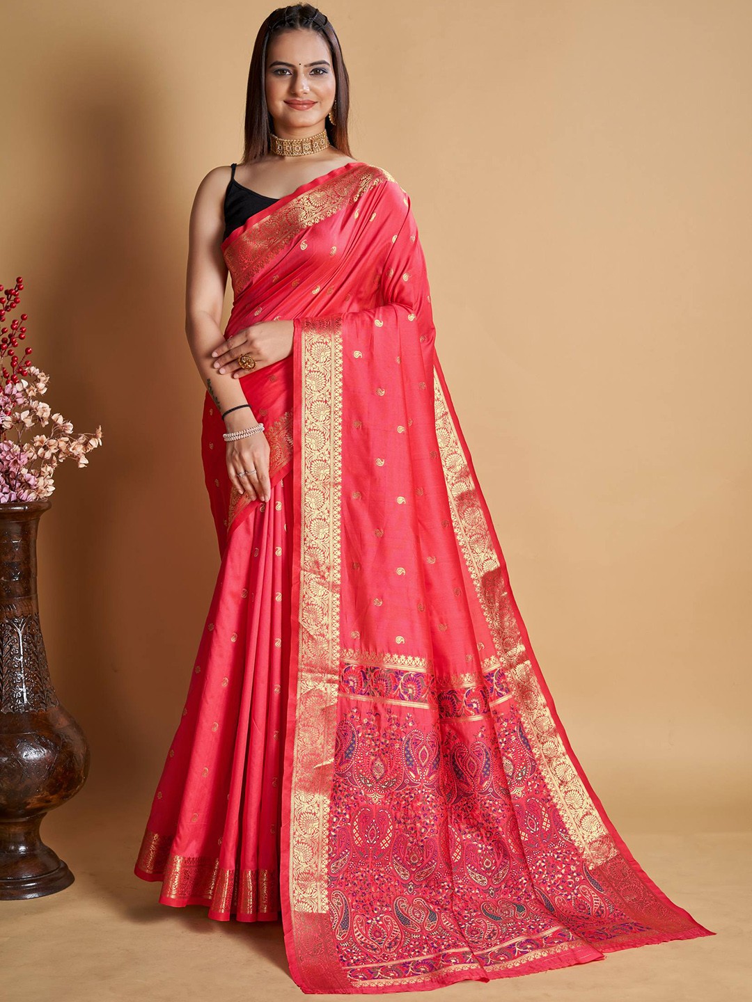 

ZILVIRA Woven Design Zari Pure Silk Saree, Peach