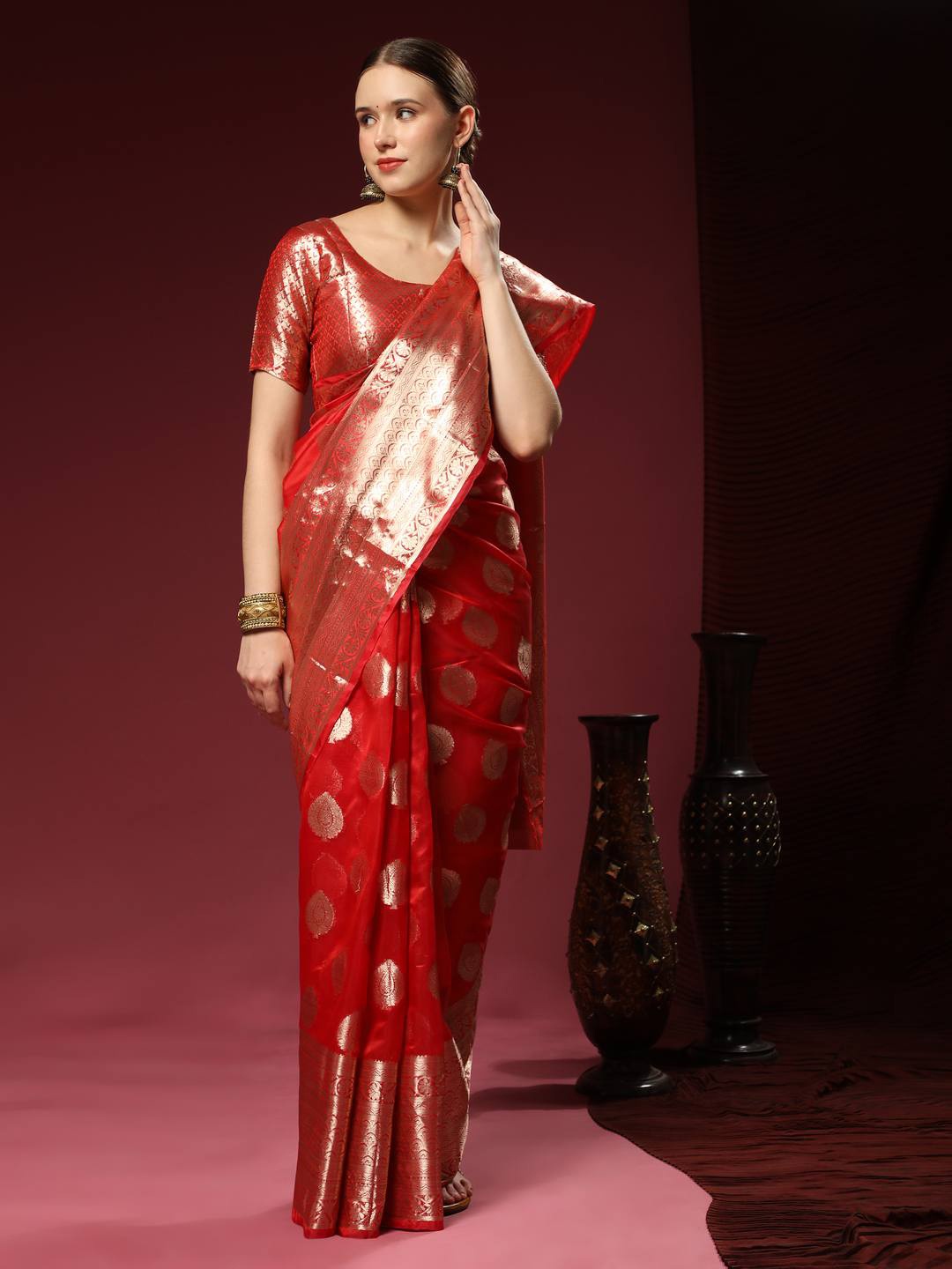

ZILVIRA Ethnic Motifs Woven Design Zari Organza Saree, Red