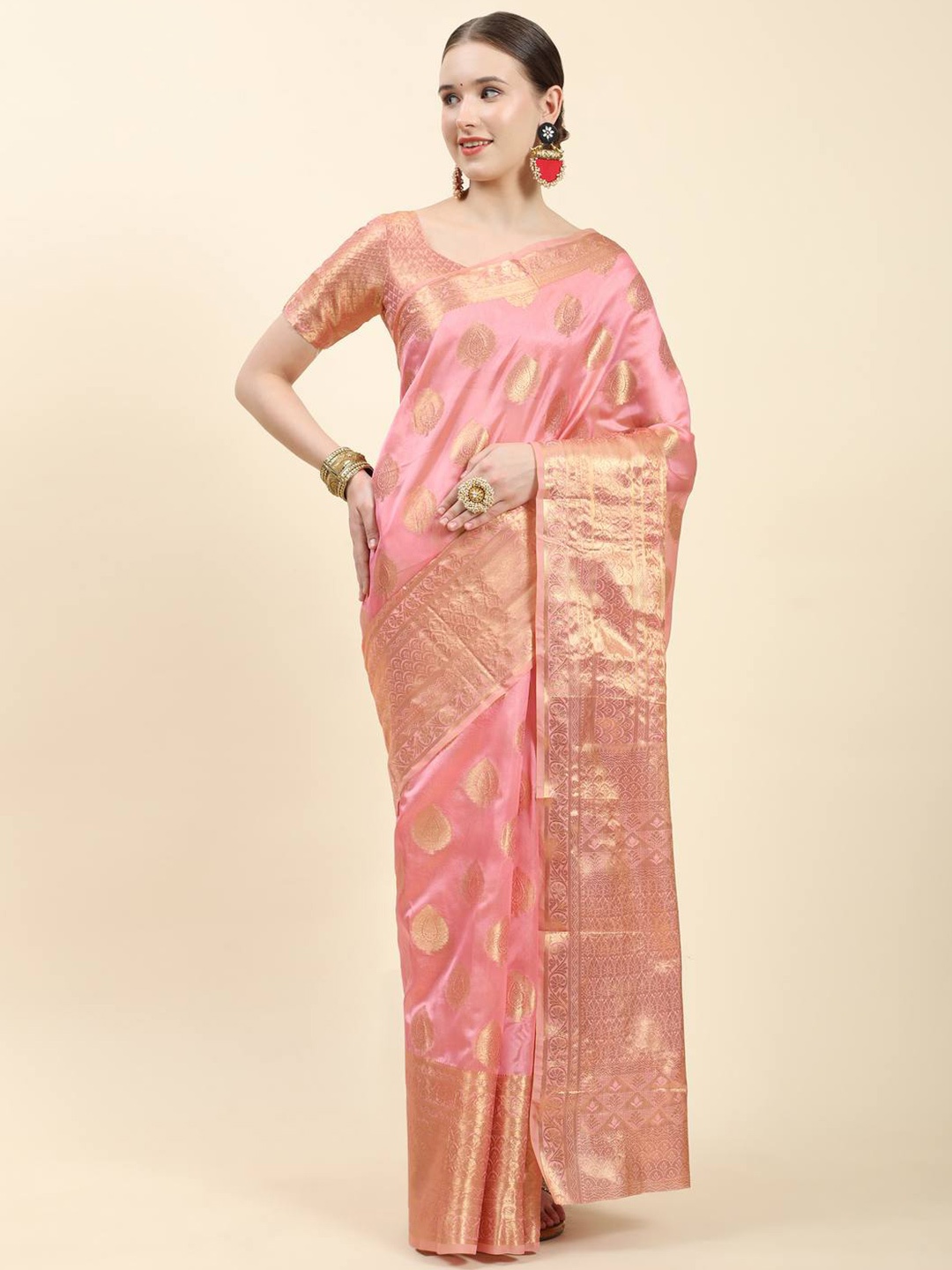 

ZILVIRA Woven Design Zari Organza Saree, Pink