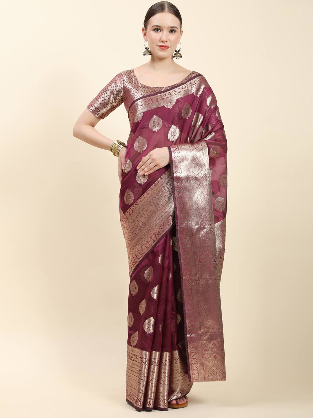 

ZILVIRA Woven Design Zari Organza Saree, Magenta