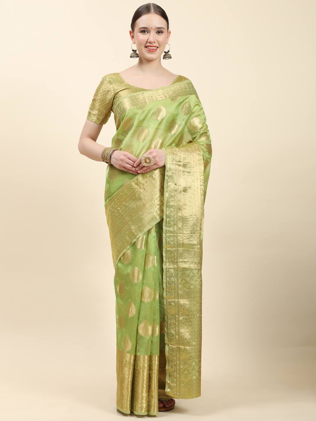 

ZILVIRA Ethnic Motifs Zari Organza Saree, Green