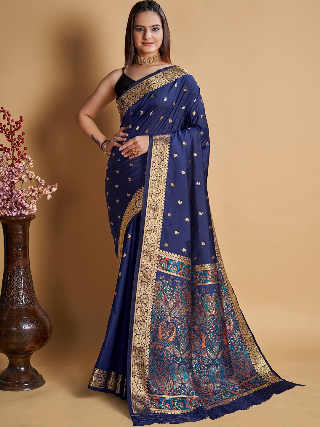 

ZILVIRA Woven Design Zari Pure Silk Saree, Navy blue
