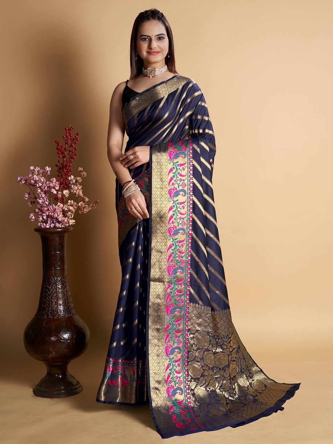 

ZILVIRA Striped Woven Design Zari Pure Silk Saree, Navy blue