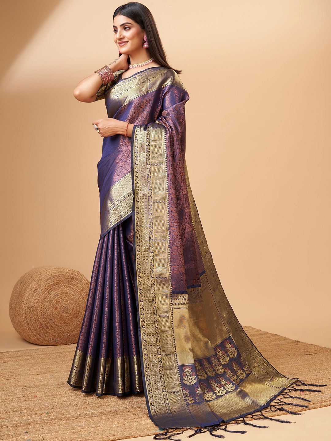 

ZILVIRA Woven Design Zari Pure Silk Saree, Navy blue