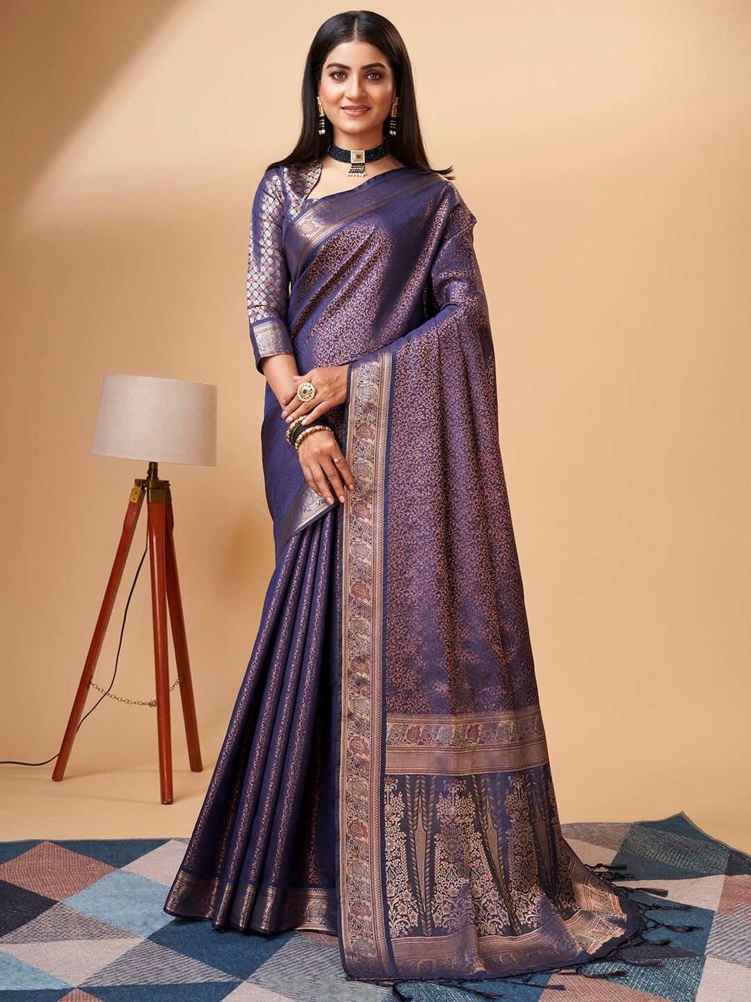 

ZILVIRA Woven Design Zari Pure Silk Saree, Navy blue