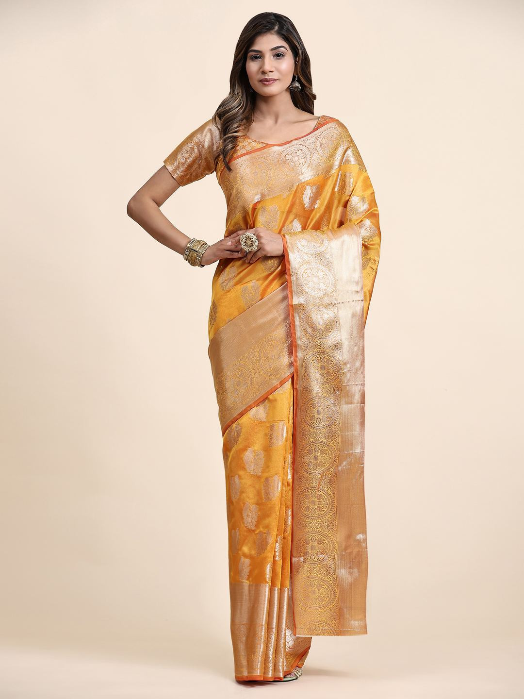 

ZILVIRA Ethnic Motifs Woven Design Zari Organza Saree, Yellow