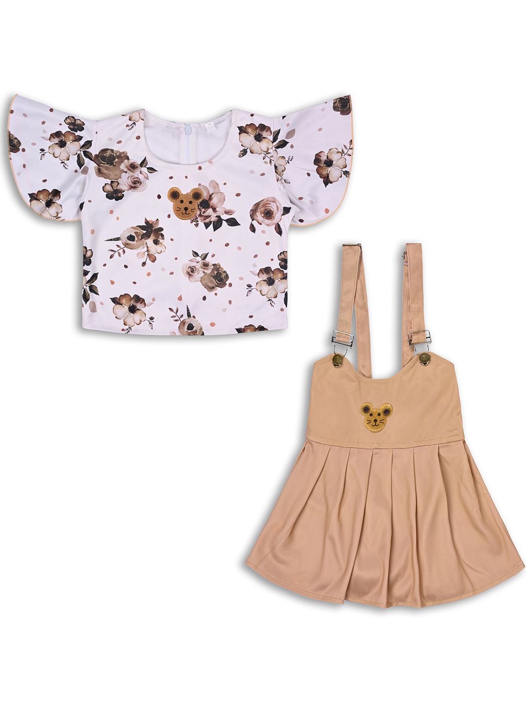 

Wish Karo Baby Girls Printed Top & Dungaree Dress, Beige