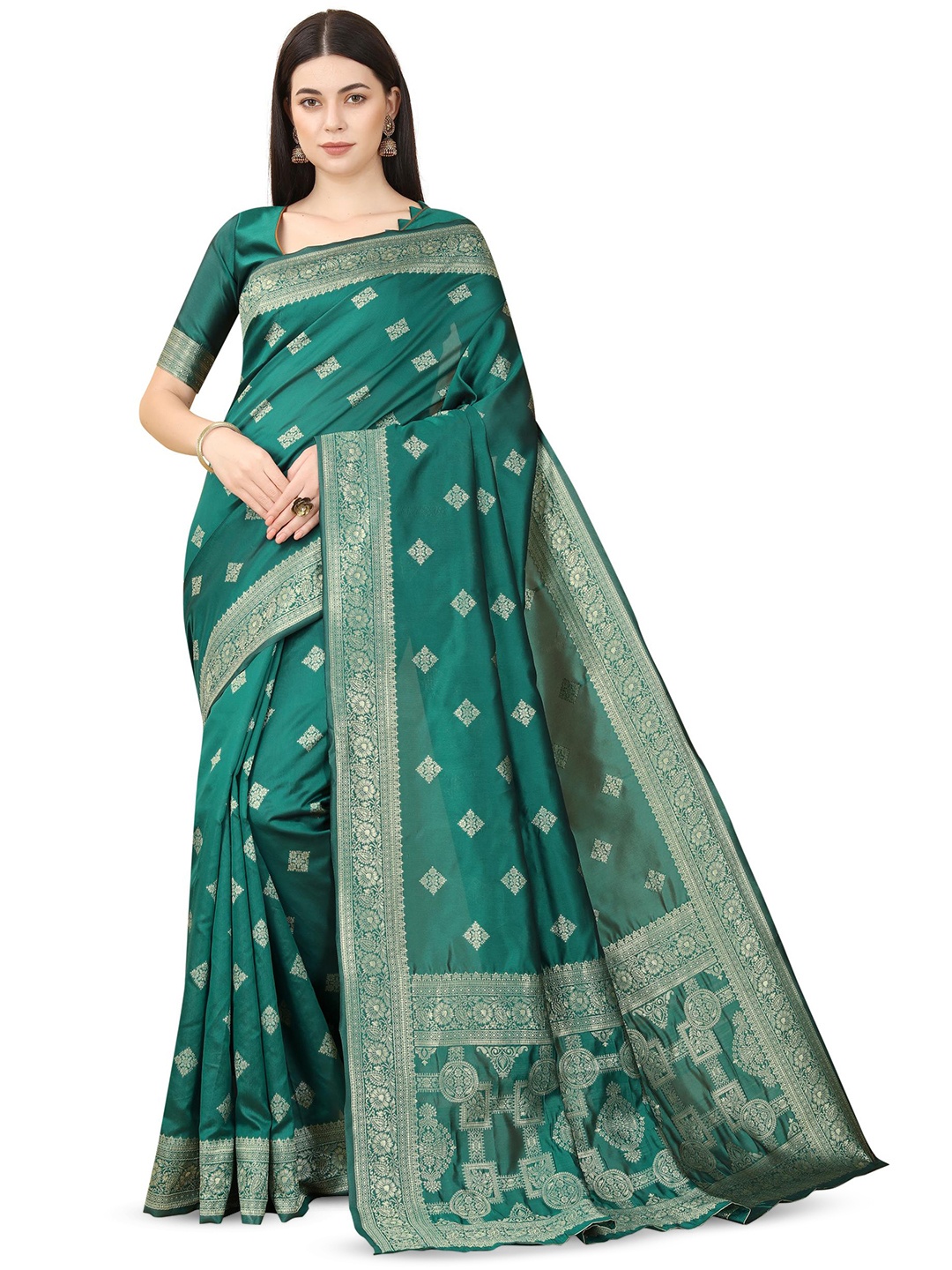 

Quelea Floral Woven Design Zari Pure Silk Banarasi Saree, Green