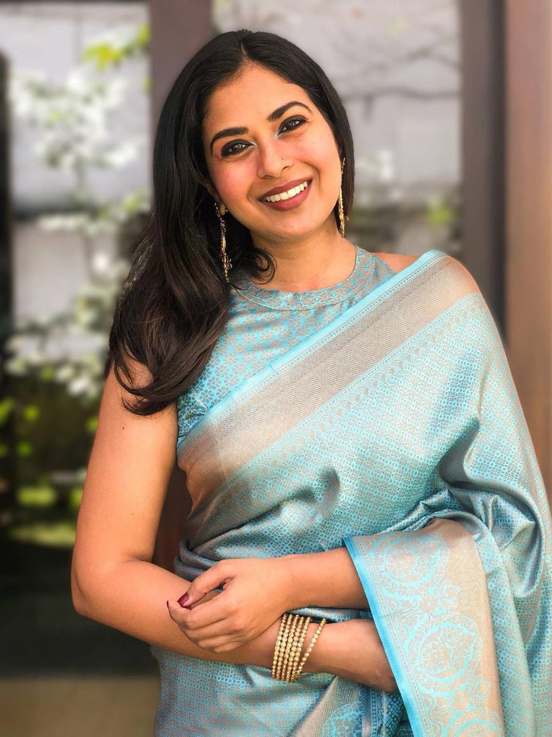 

Quelea Geometric Woven Design Zari Pure Silk Banarasi Saree, Sea green