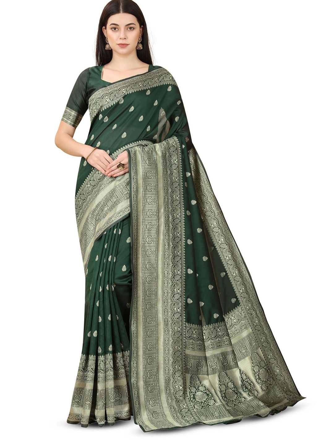 

Quelea Floral Woven Design Zari Pure Silk Banarasi Saree, Green