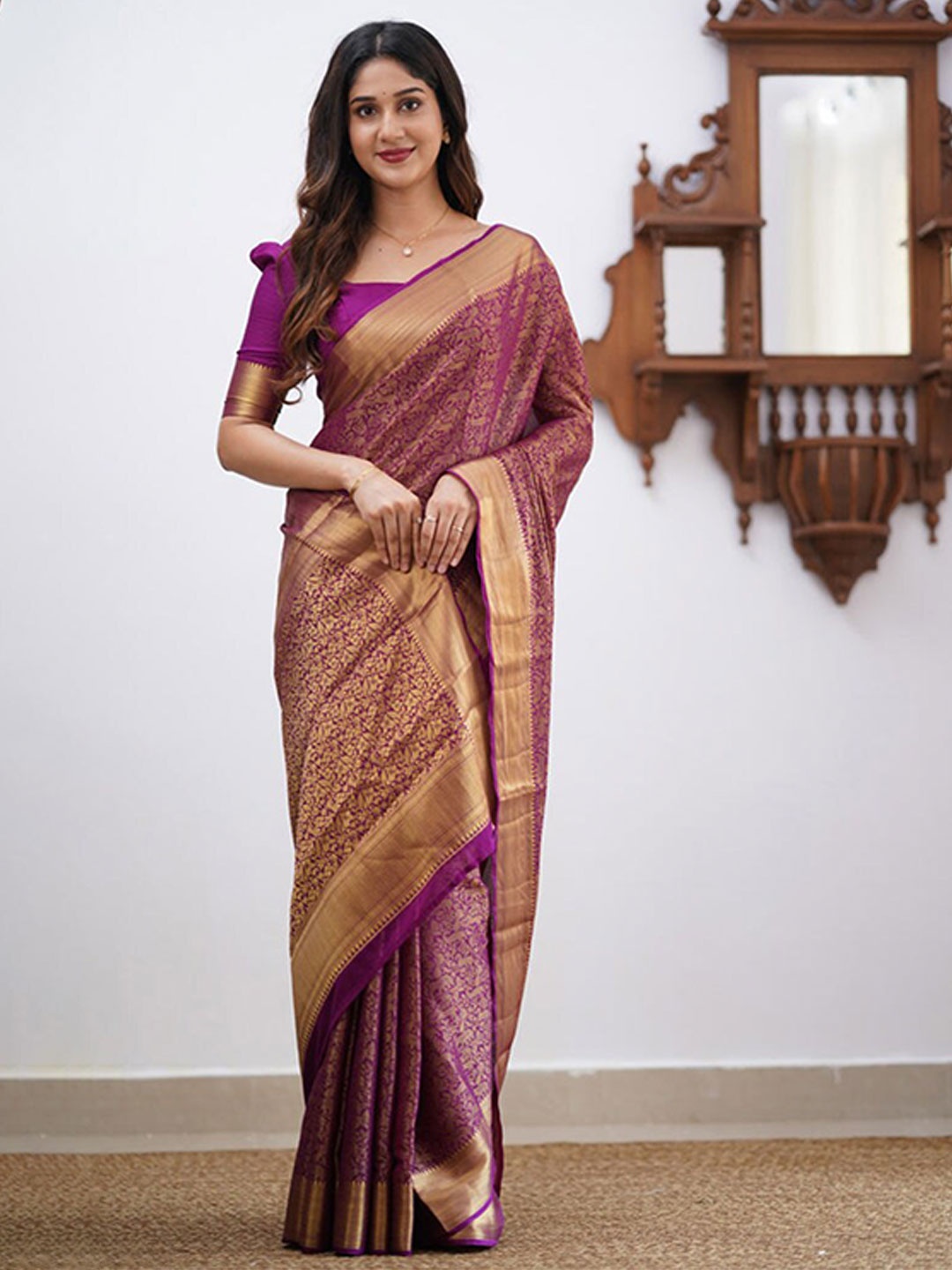 

Quelea Floral Woven Design Zari Pure Silk Banarasi Saree, Purple