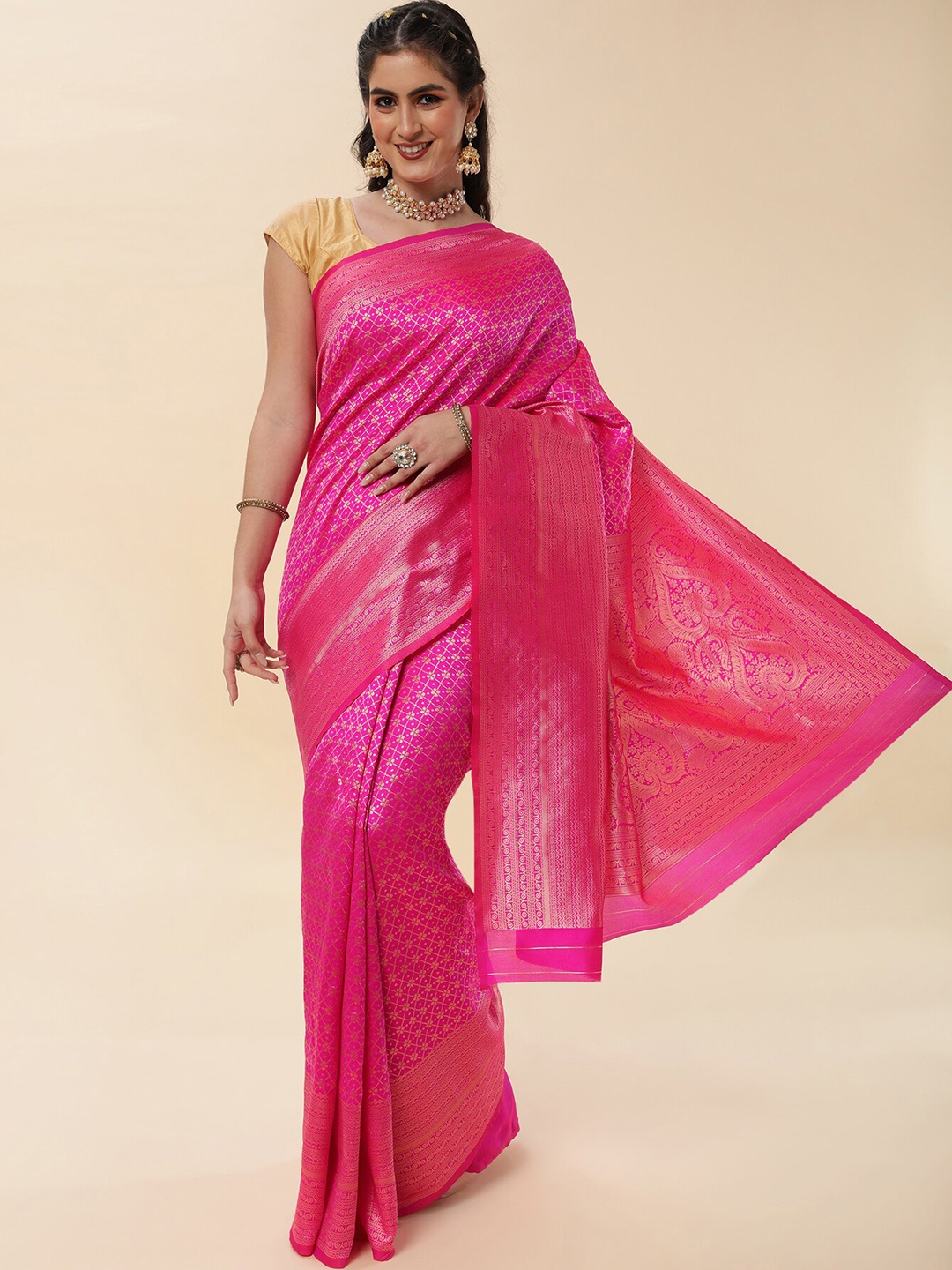 

Quelea Ethnic Motifs Woven Design Zari Pure Silk Banarasi Saree, Pink