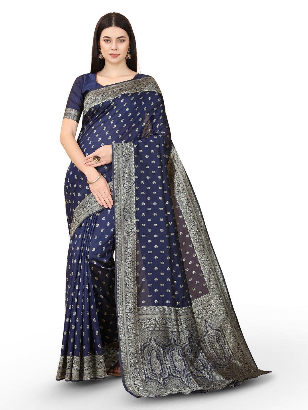 

Quelea Ethnic Motifs Woven Design Zari Pure Silk Banarasi Saree, Navy blue