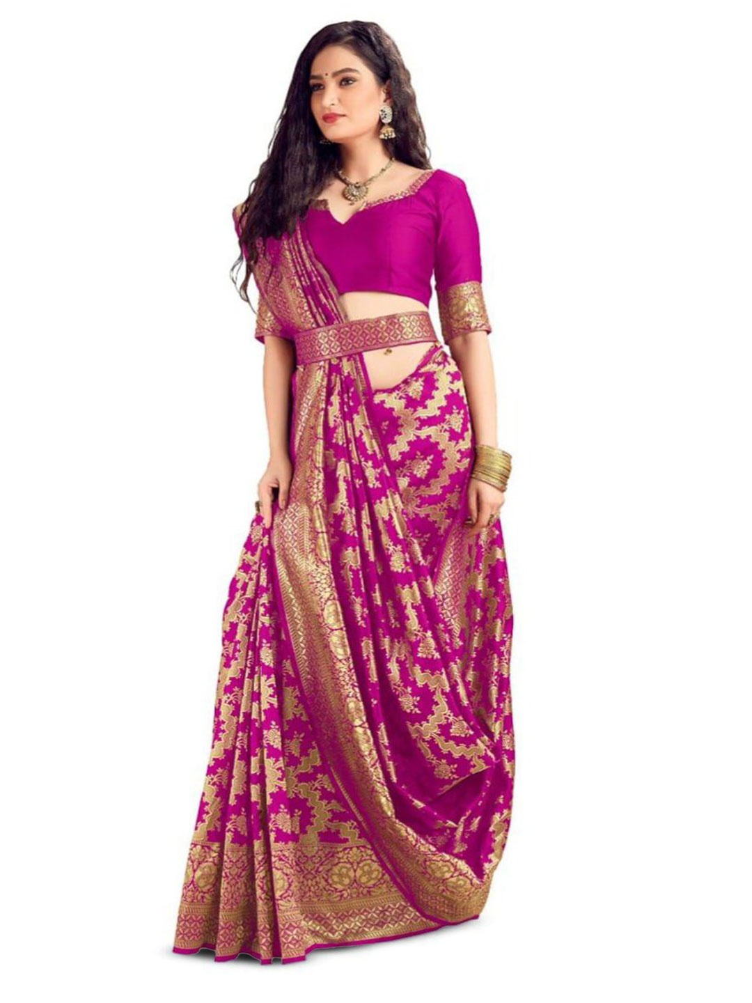 

Quelea Floral Design Zari Pure Silk Banarasi Saree, Pink